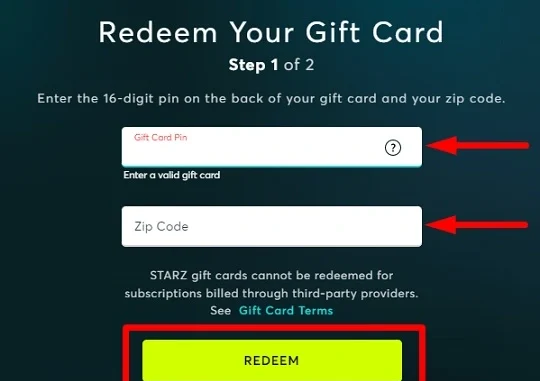 Starz gift card